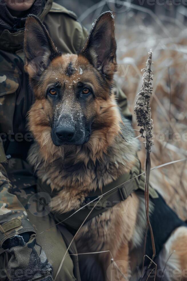 ai genererad soldat och hans hund. tysk herde hund sitter foto