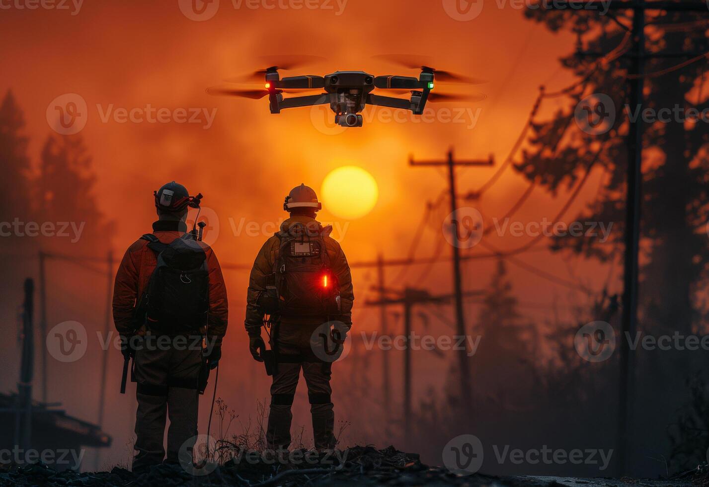 ai genererad två brandmän Kolla på Drönare flyga över brinnande skog. foto