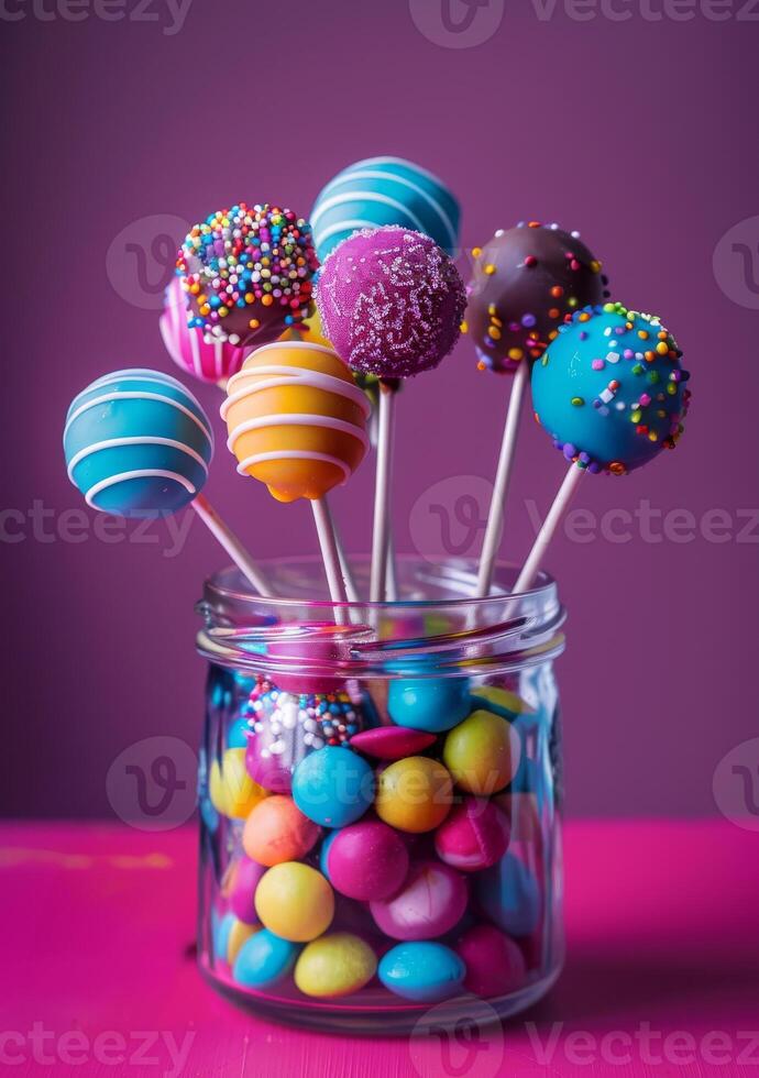 ai genererad färgrik kaka poppar i glas burk och färgrik godis på rosa bakgrund foto