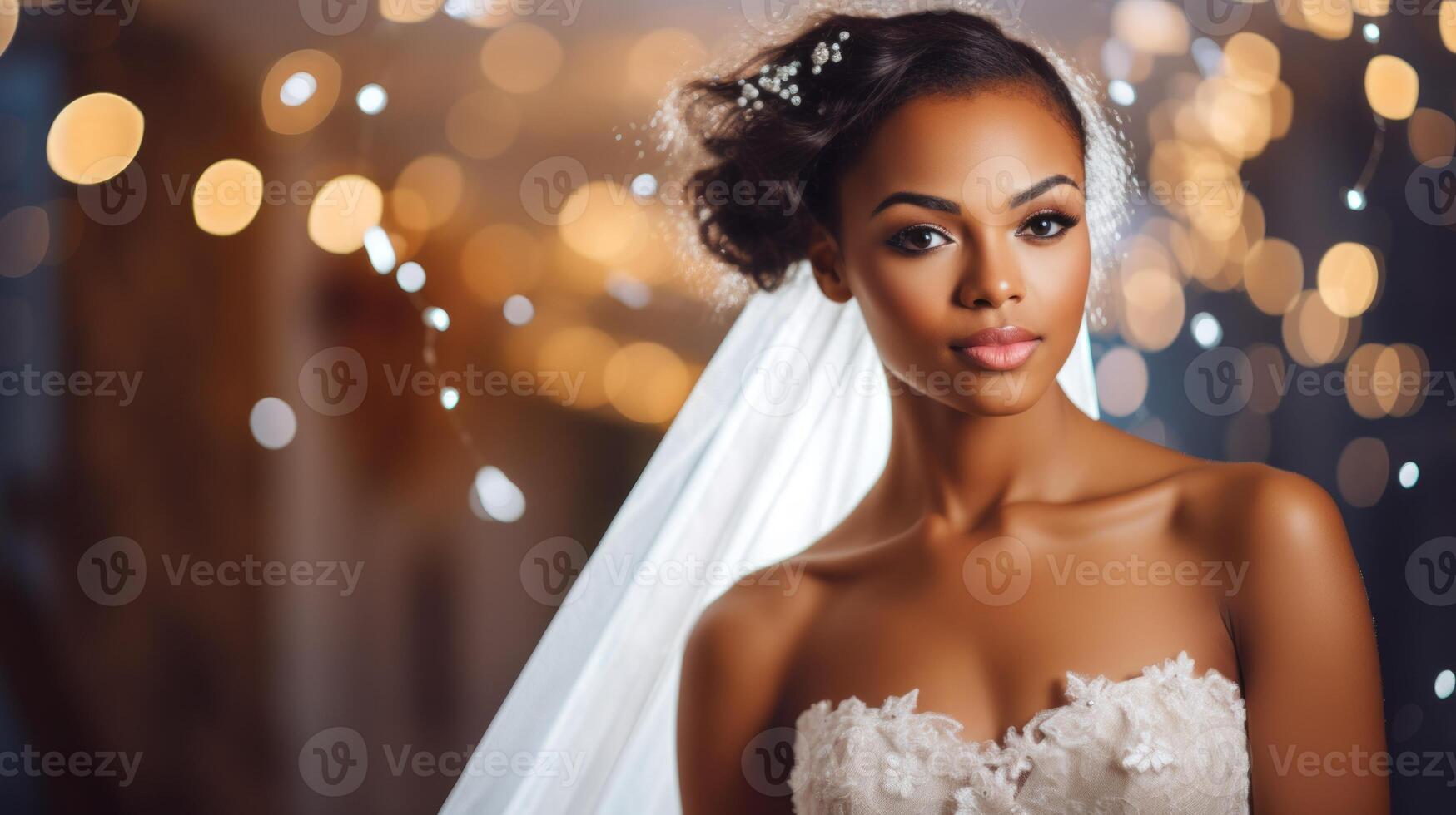 ai genererad ung afrikansk amerikan kvinna i vit bröllop klänning. skön brud. stänga upp. bakgrund med bokeh lampor. begrepp av bröllop dag, äktenskap, brud- skönhet, romantik. foto