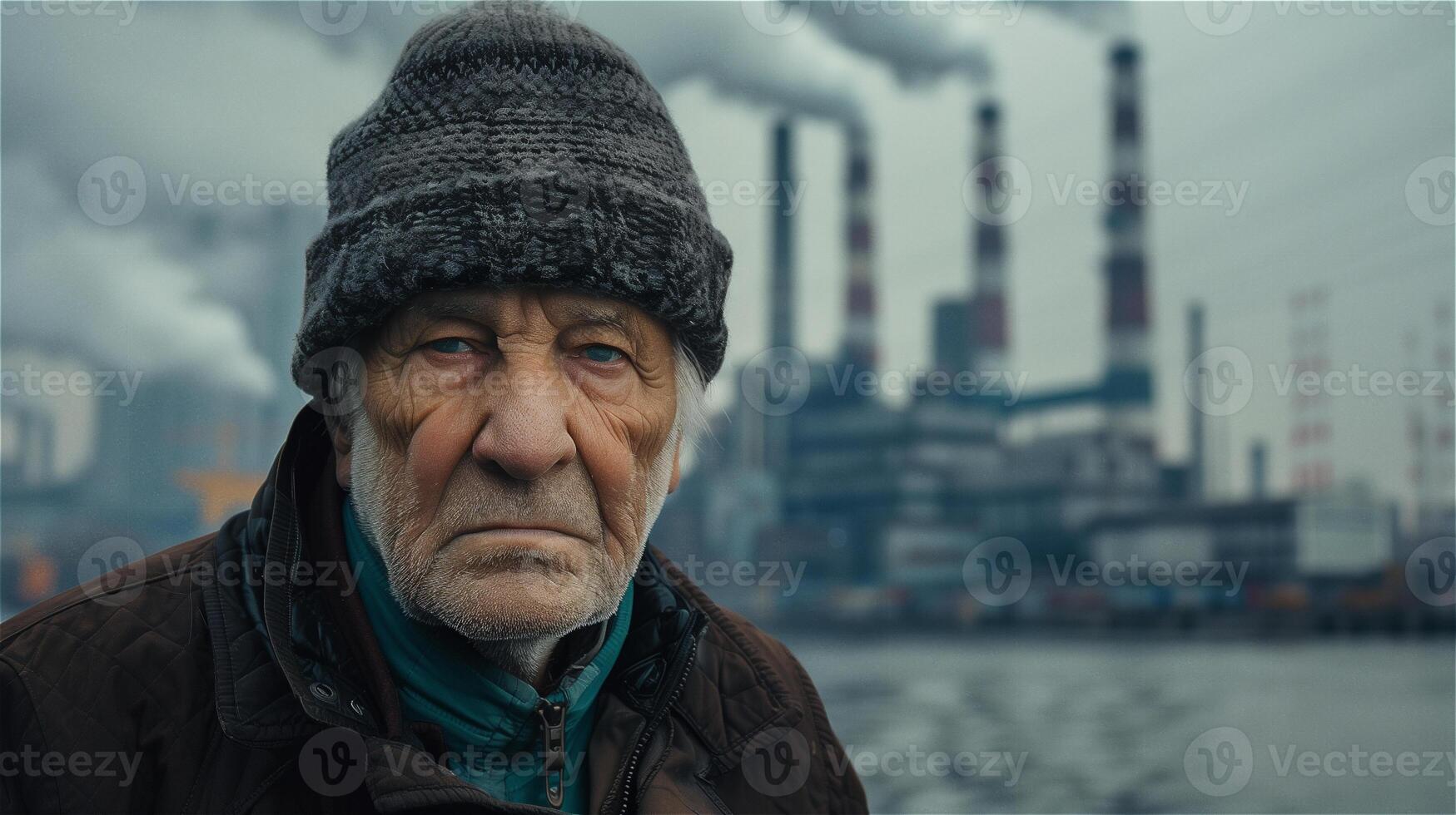 ai genererad olycklig äldre man med förorening från industriell bakgrund foto