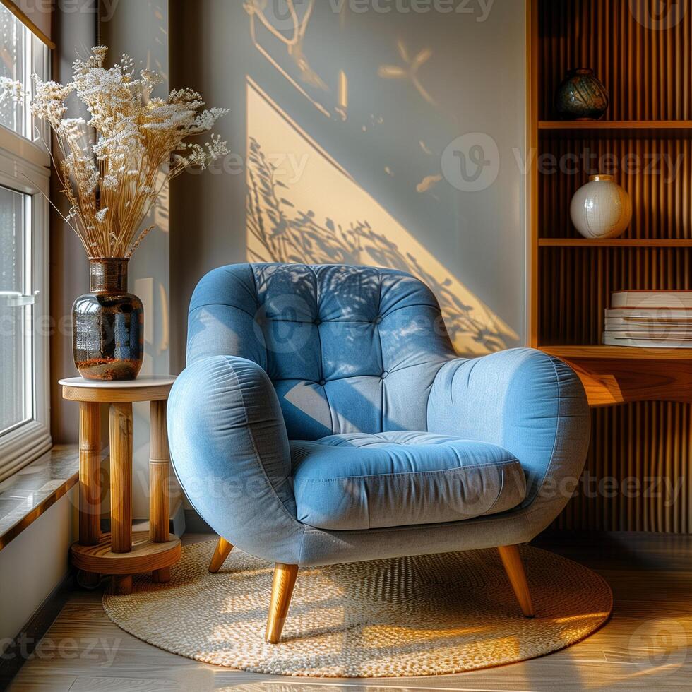 ai genererad blå fåtölj nära de kaffe tabell förbi de fönster, interiör design av en modern levande rum i boho stil foto