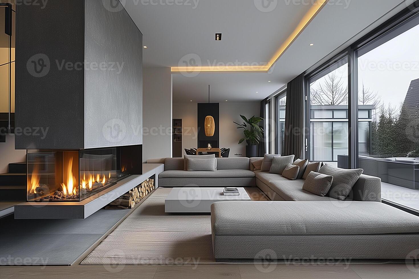 ai genererad minimalistisk interiör design av en modern levande rum med en grå hörn soffa och en stor glas öppen spis foto