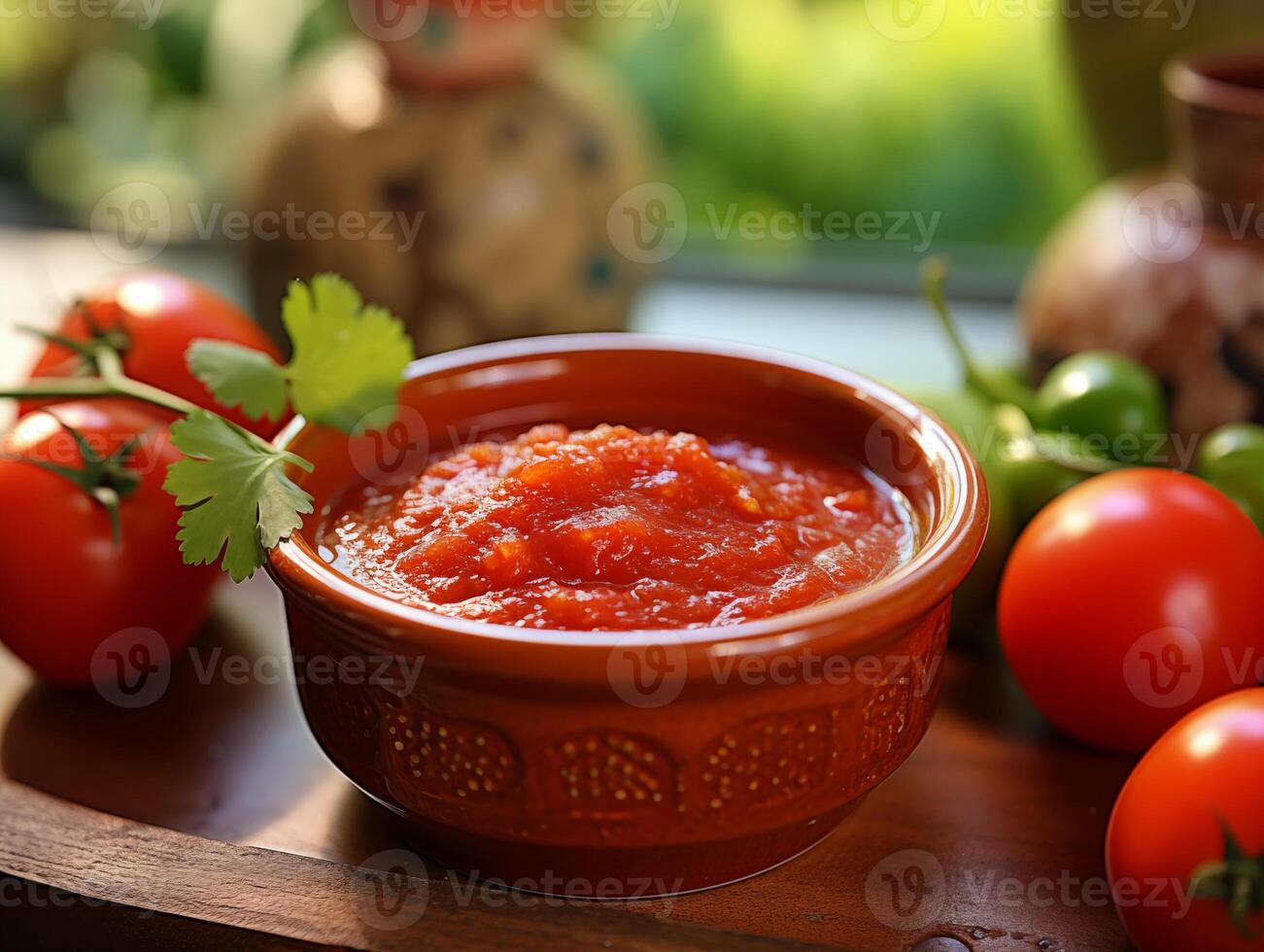 ai genererad utsökt mexikansk salsa sås i en mexikansk skål med grönsaker och greener. traditionell mat, latin amerikansk, mexikansk kök. närbild, bakgrund med bokeh effekt. foto