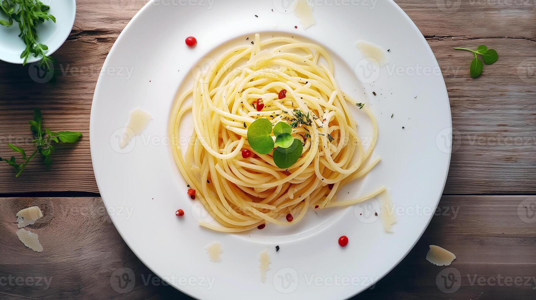ai genererad italiensk pasta med krasse blad pesto. italiensk kök, mat på en tallrik, pesto, pasta, topp se, en plats till kopiera. foto
