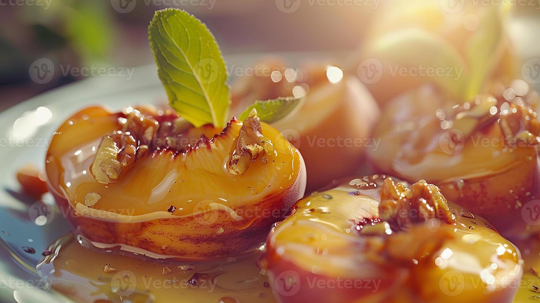 ai genererad friterad persikor med honung och mascarpone i en skön maträtt. färsk frukt i en maträtt. frukt efterrätt i närbild med bokeh i de bakgrund, utsökt mat. foto
