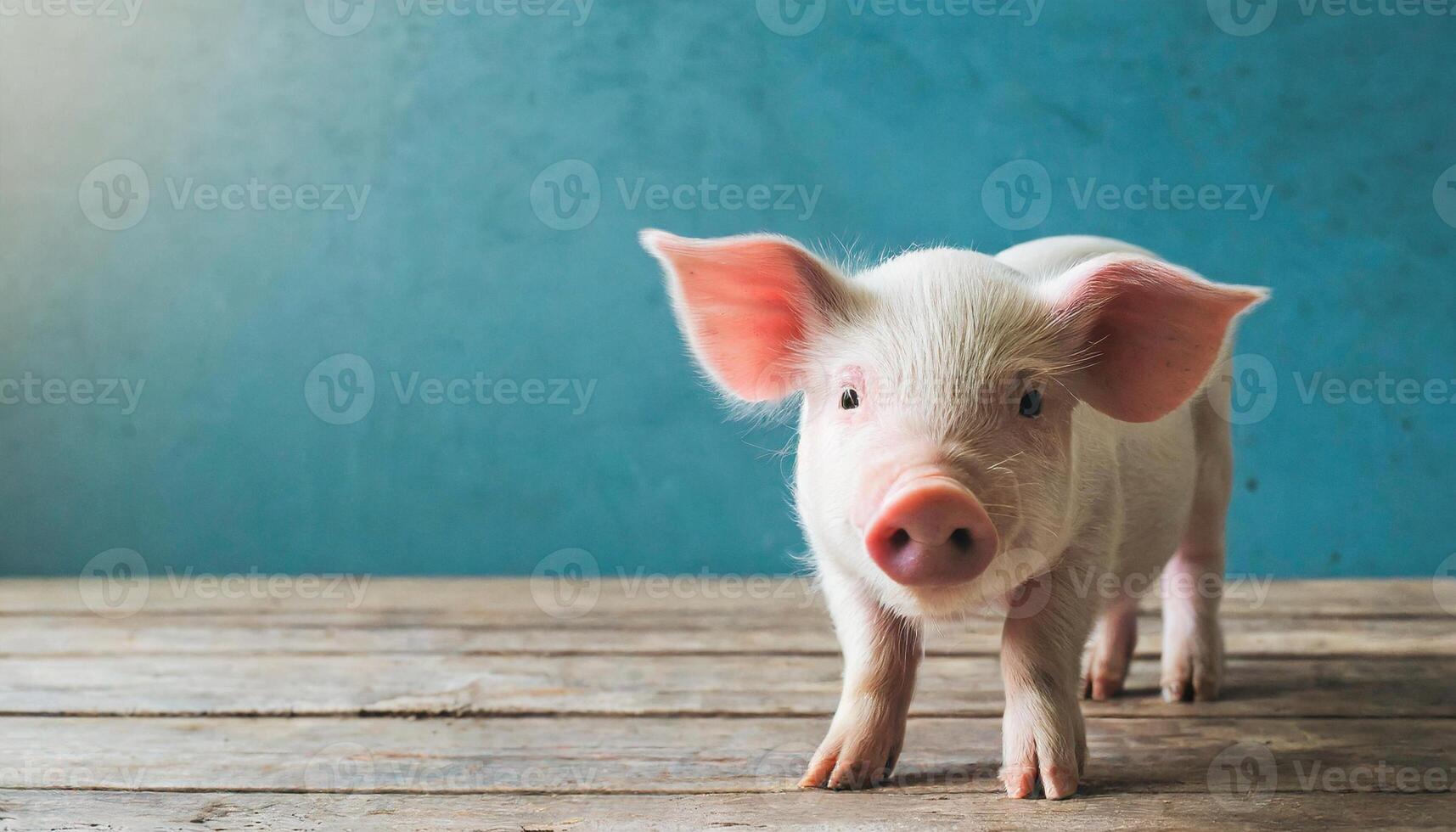 ai genererad söt ung rosa gris. inhemsk djur. trä- golv och blå vägg. foto
