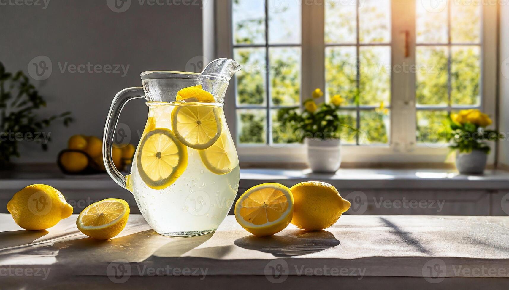 ai genererad glas karaff kanna med citronsaft och citron- skivor mot en ljus solig kök. hemlagad dryck. foto