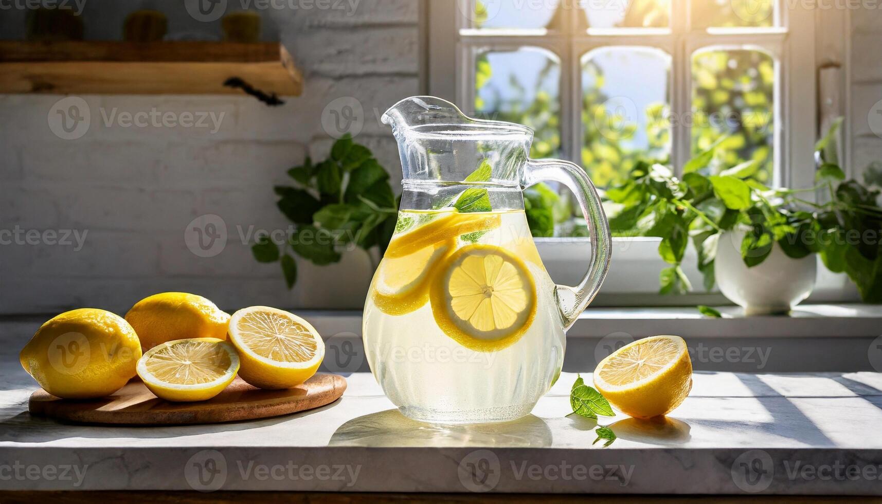 ai genererad glas karaff kanna med citronsaft och citron- skivor mot en ljus solig kök. hemlagad dryck. foto