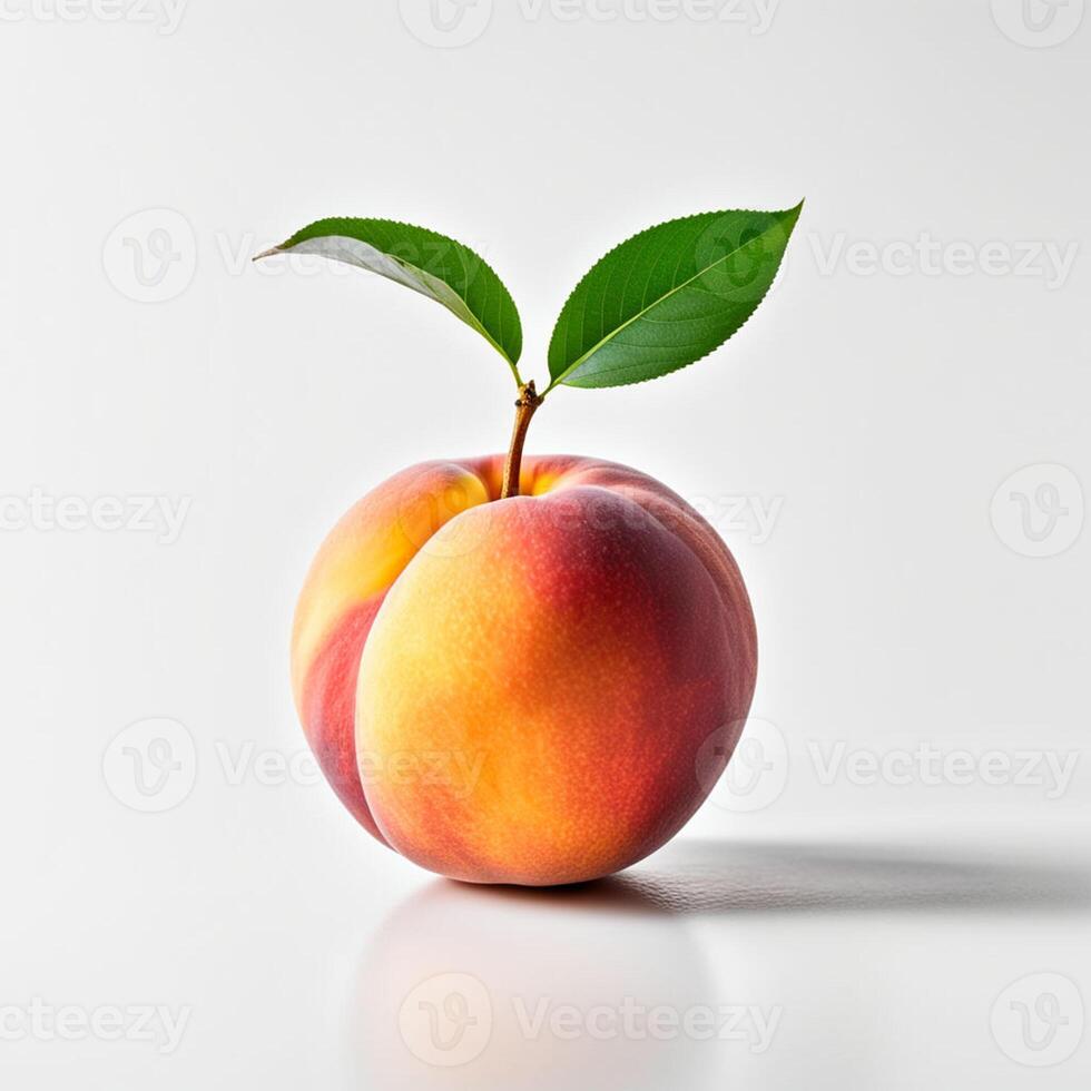 ai genererad en persika med en blad på den är på en vit bakgrund foto