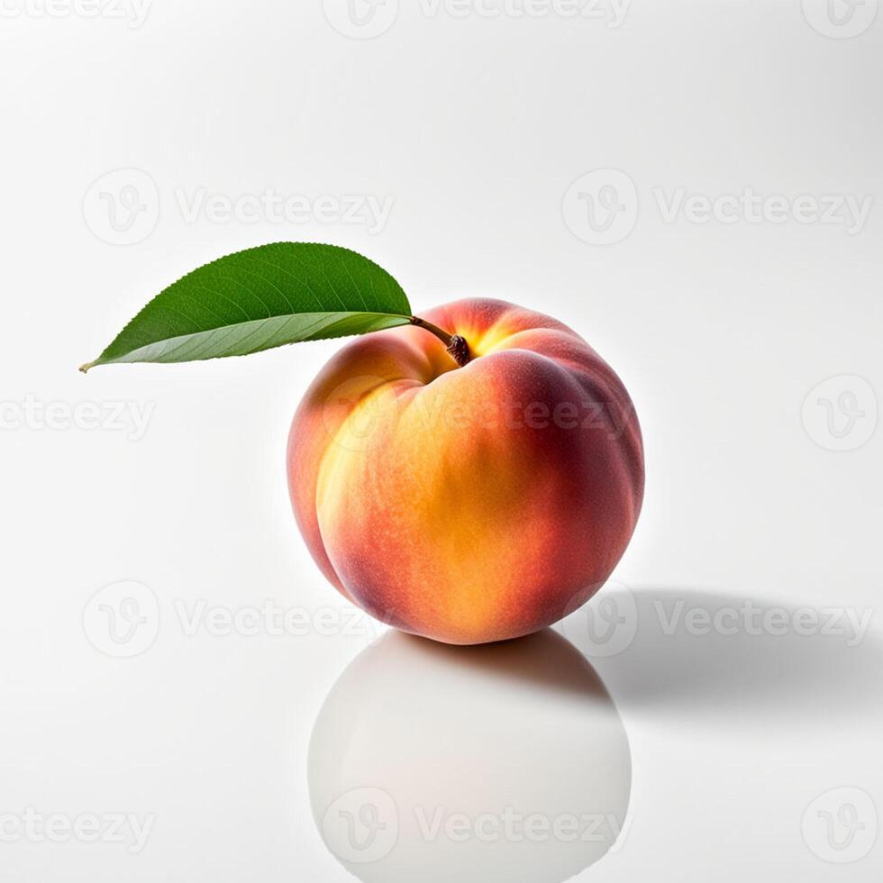 ai genererad en persika med en blad på den är på en vit bakgrund foto