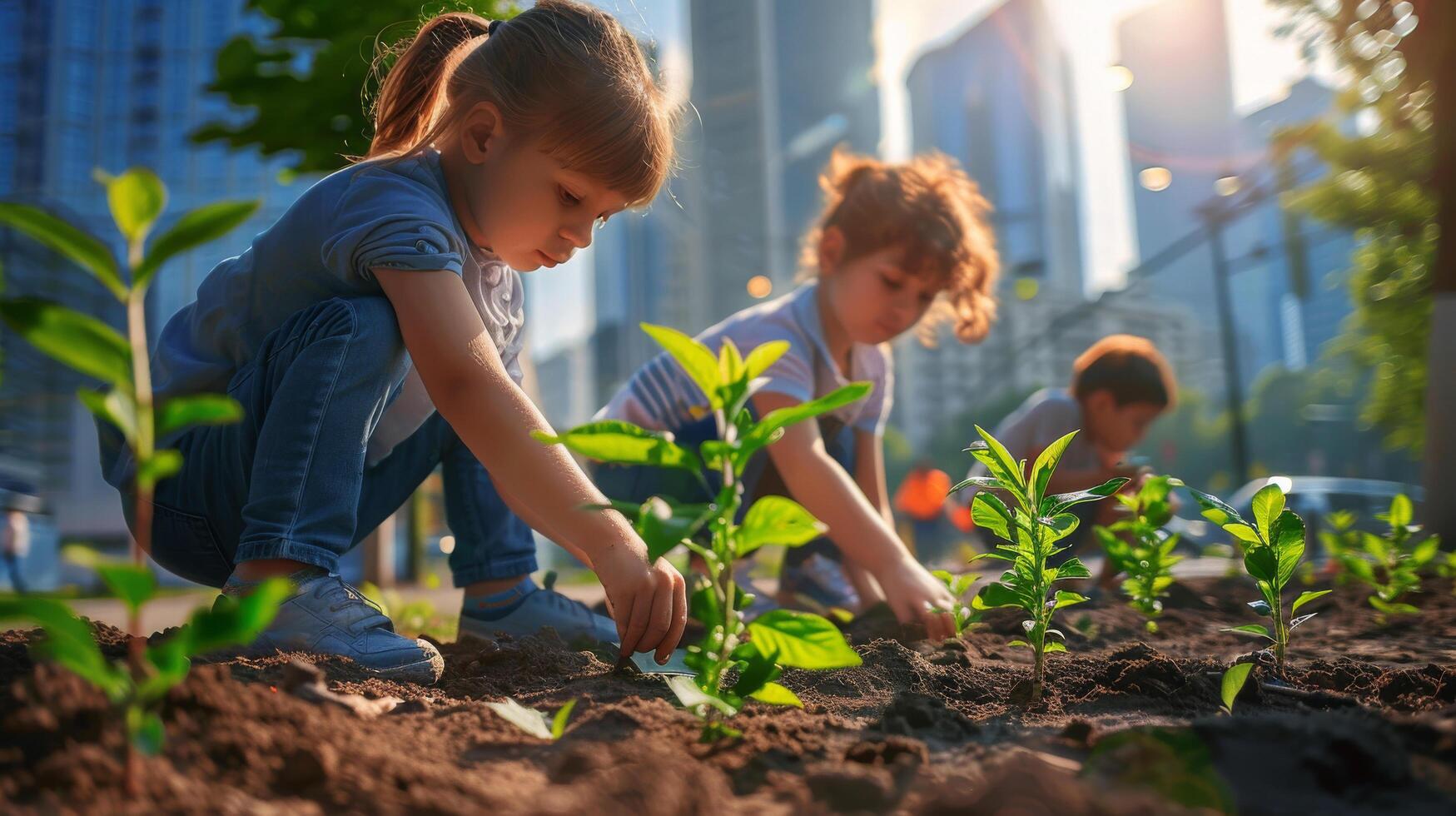 ai genererad barn deltar i urban träd plantering foto