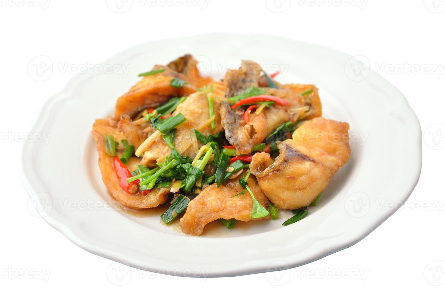 stekt fisk med selleri, utsökt mat thailand stil foto