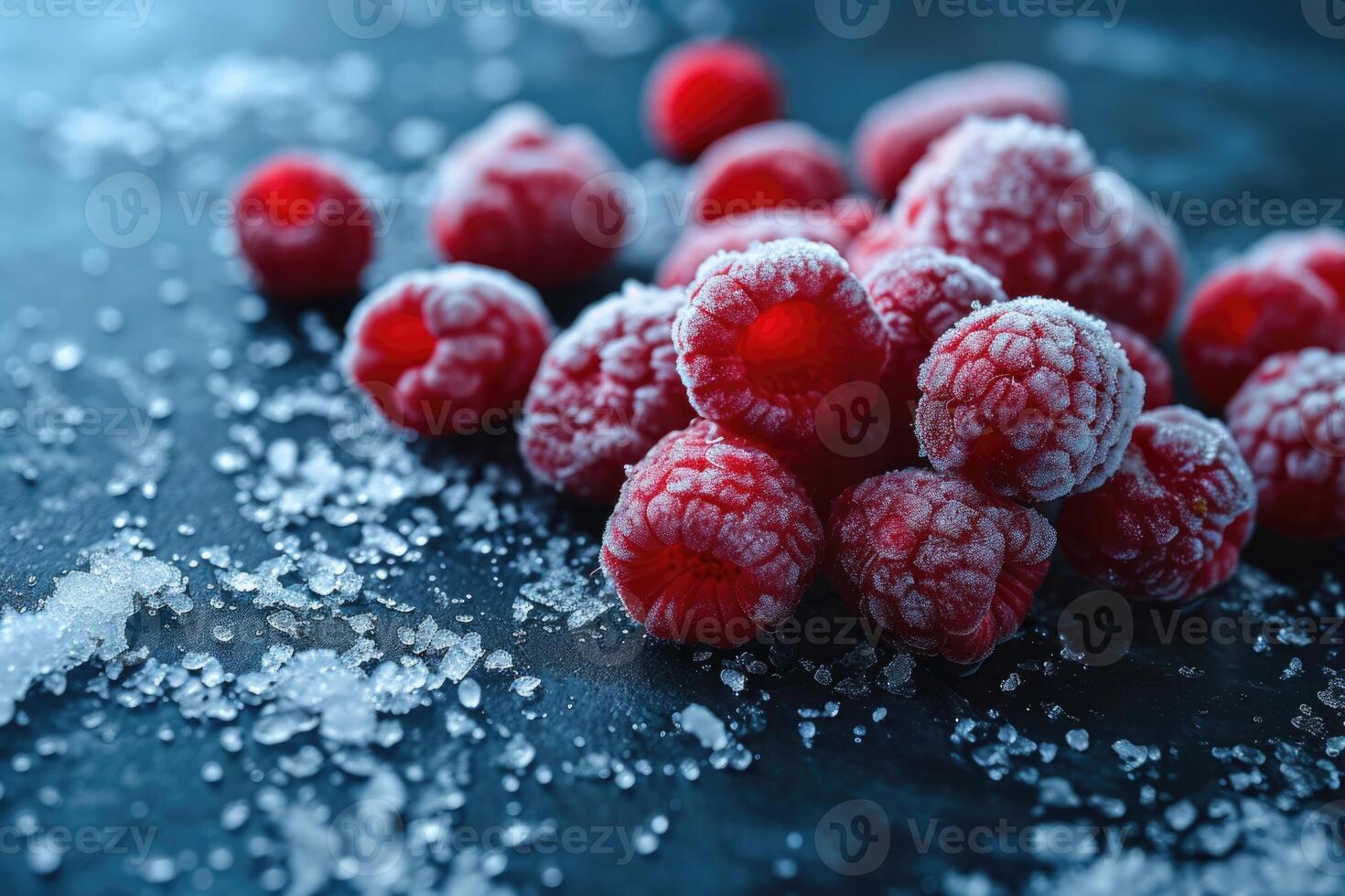 ai genererad hallon frysta på mörk bakgrund. foto