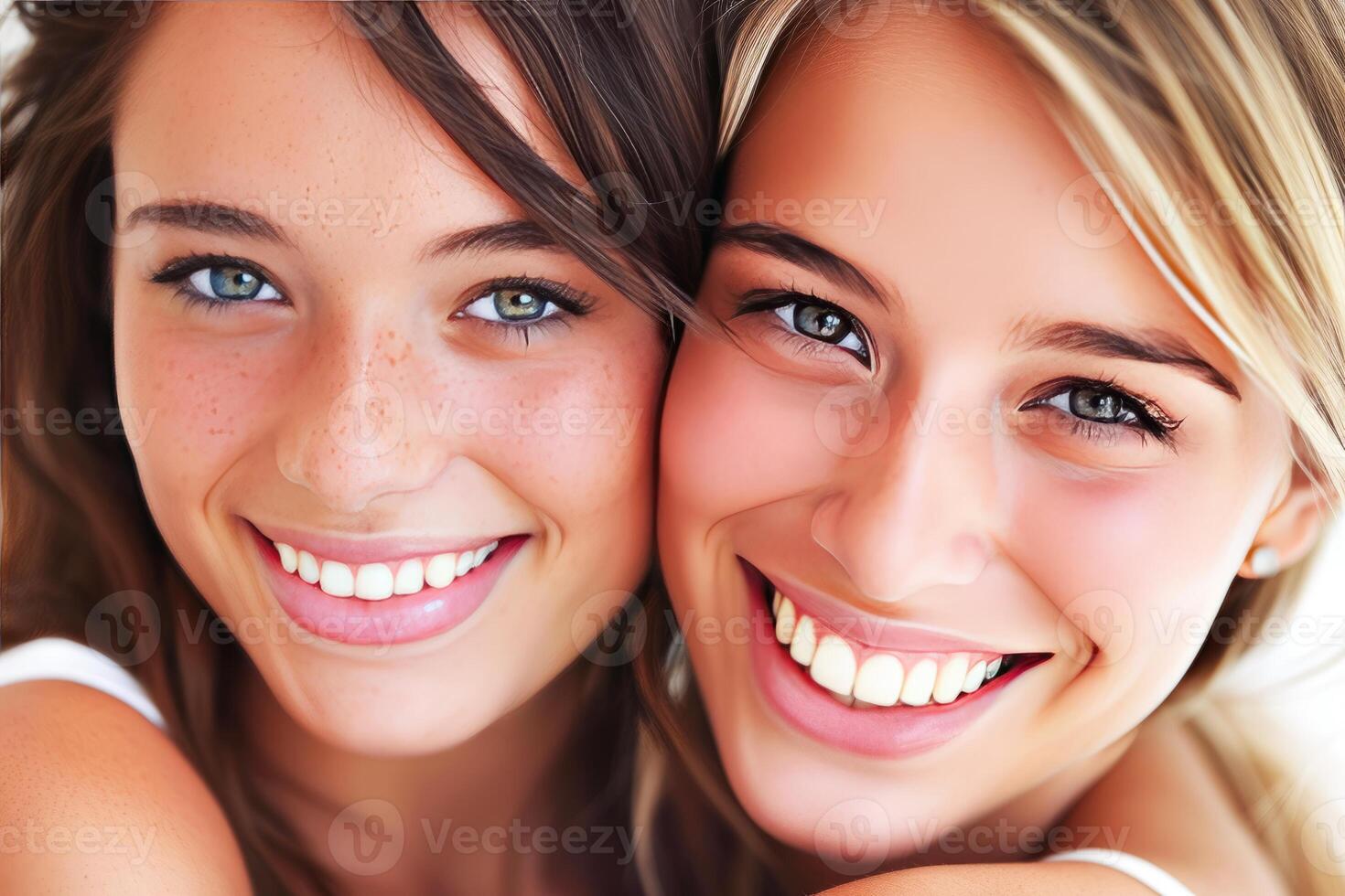ai genererad närbild porträtt av två leende ung kvinnor ställer ut vänskap och lycka foto