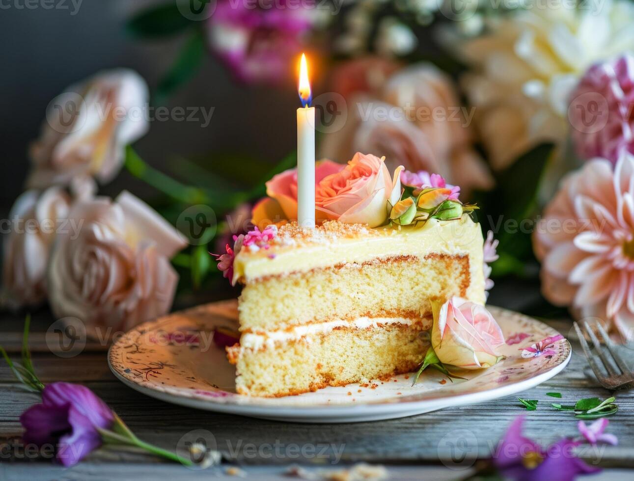 ai genererad fest skiva av födelsedag kaka med en belyst ljus omgiven förbi färsk blommor foto