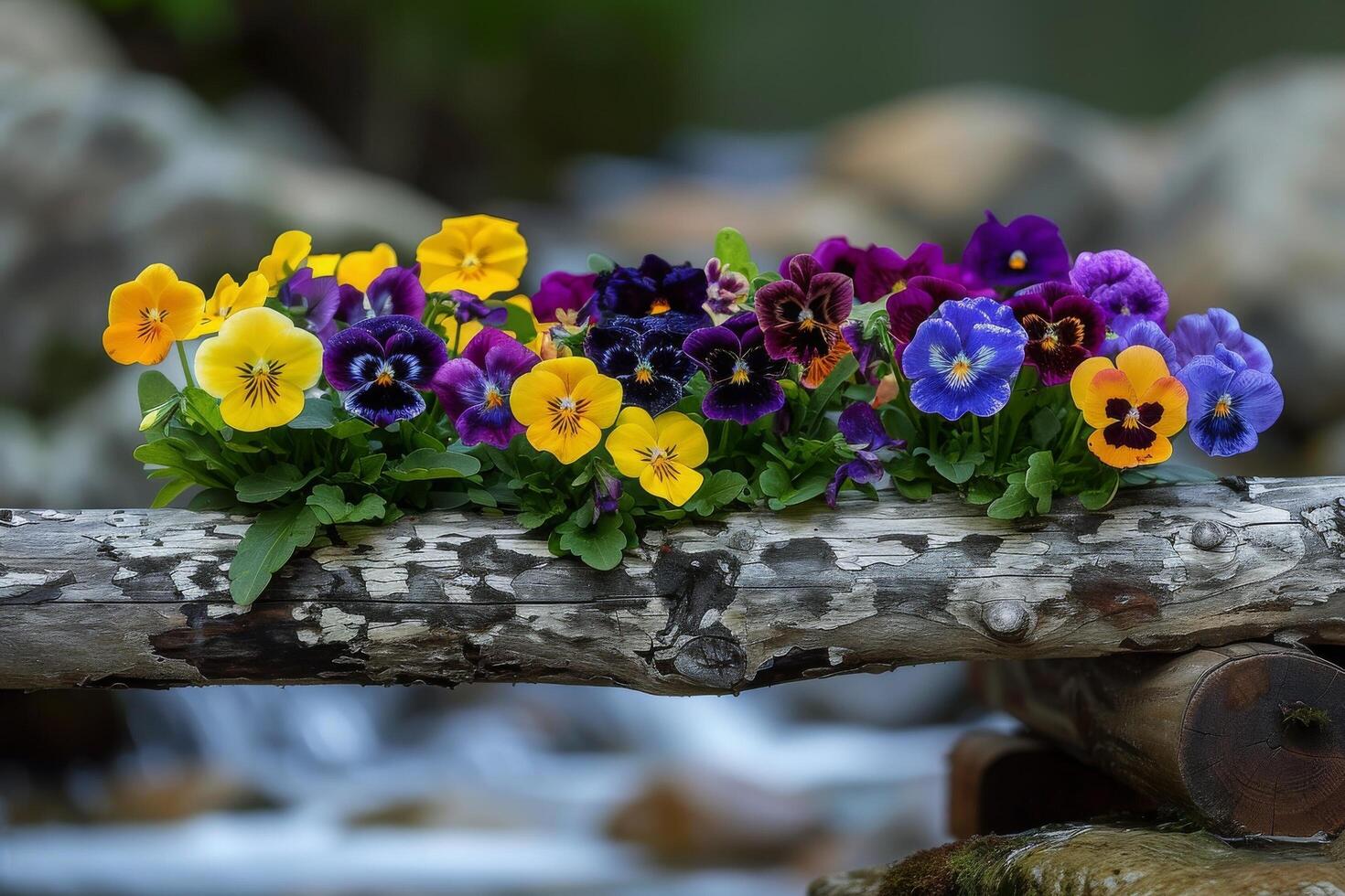 ai genererad färgrik pansies på en rustik logga foto