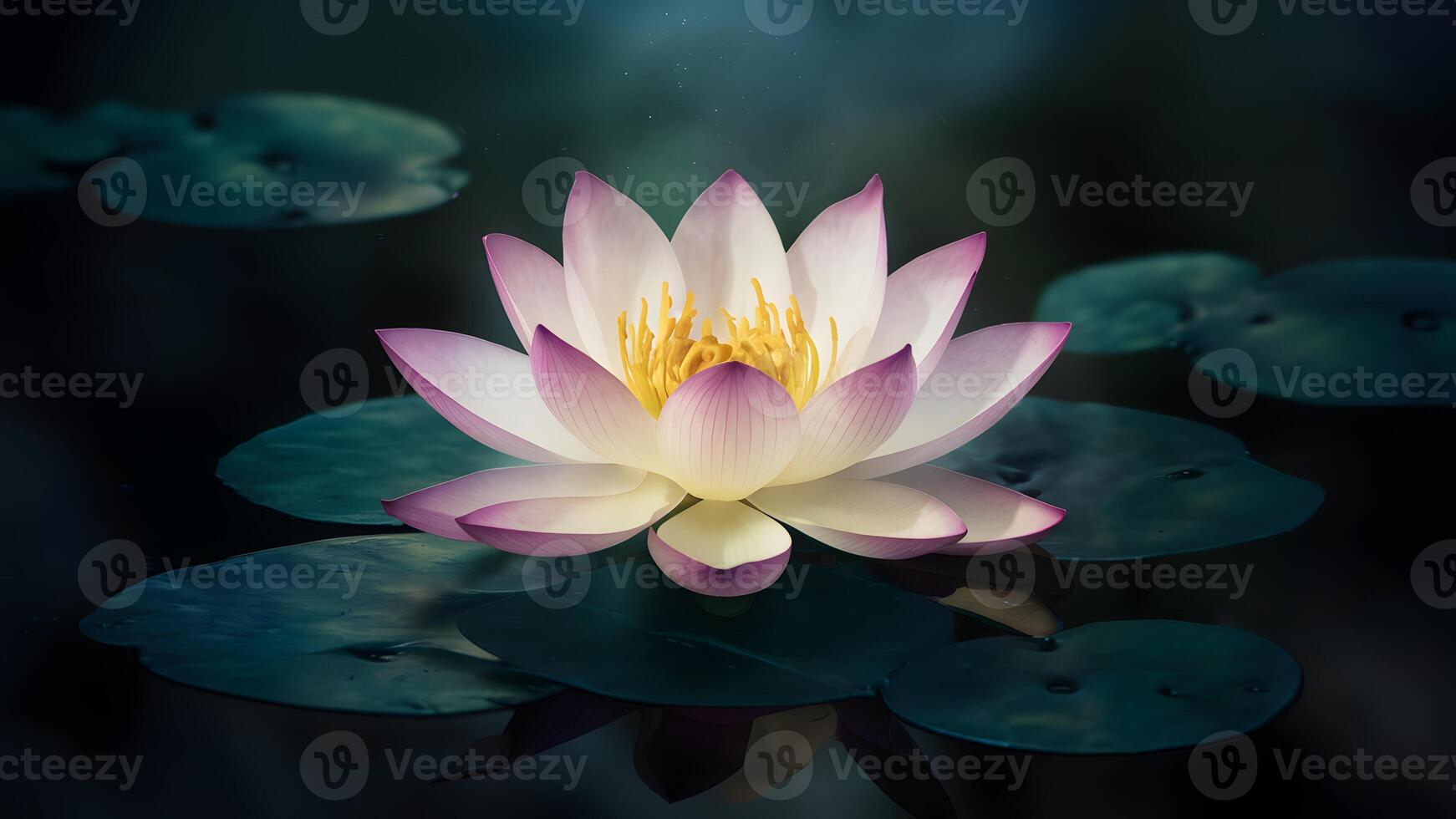 ai genererad graciös lotus blomma flyter över en mörk mystisk bakgrund foto