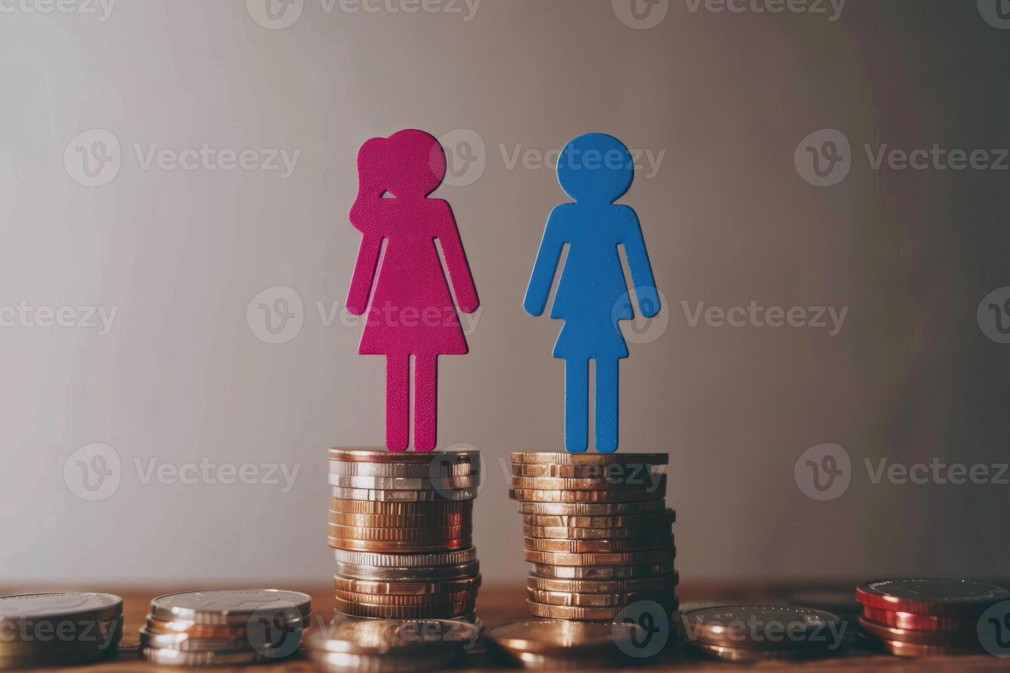 ai genererad kön betala jämlikhet illustrerade med man och kvinna på mynt. foto