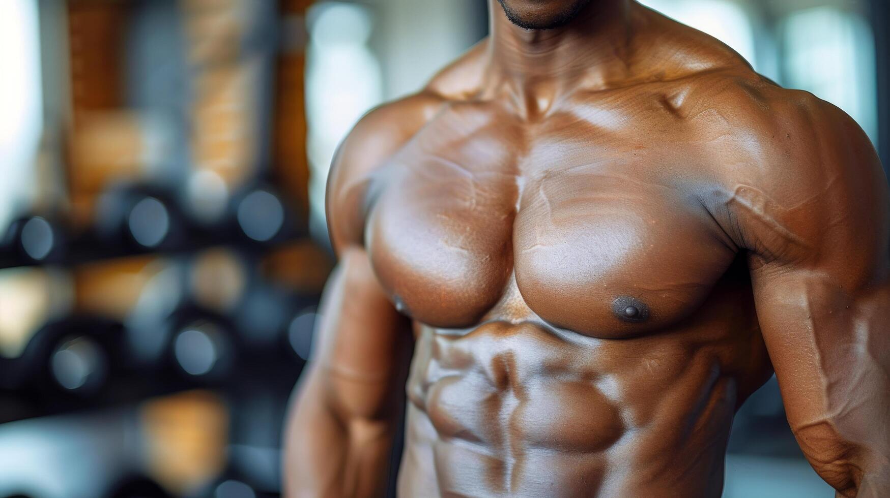 ai genererad bar överkropp man stående i Gym foto