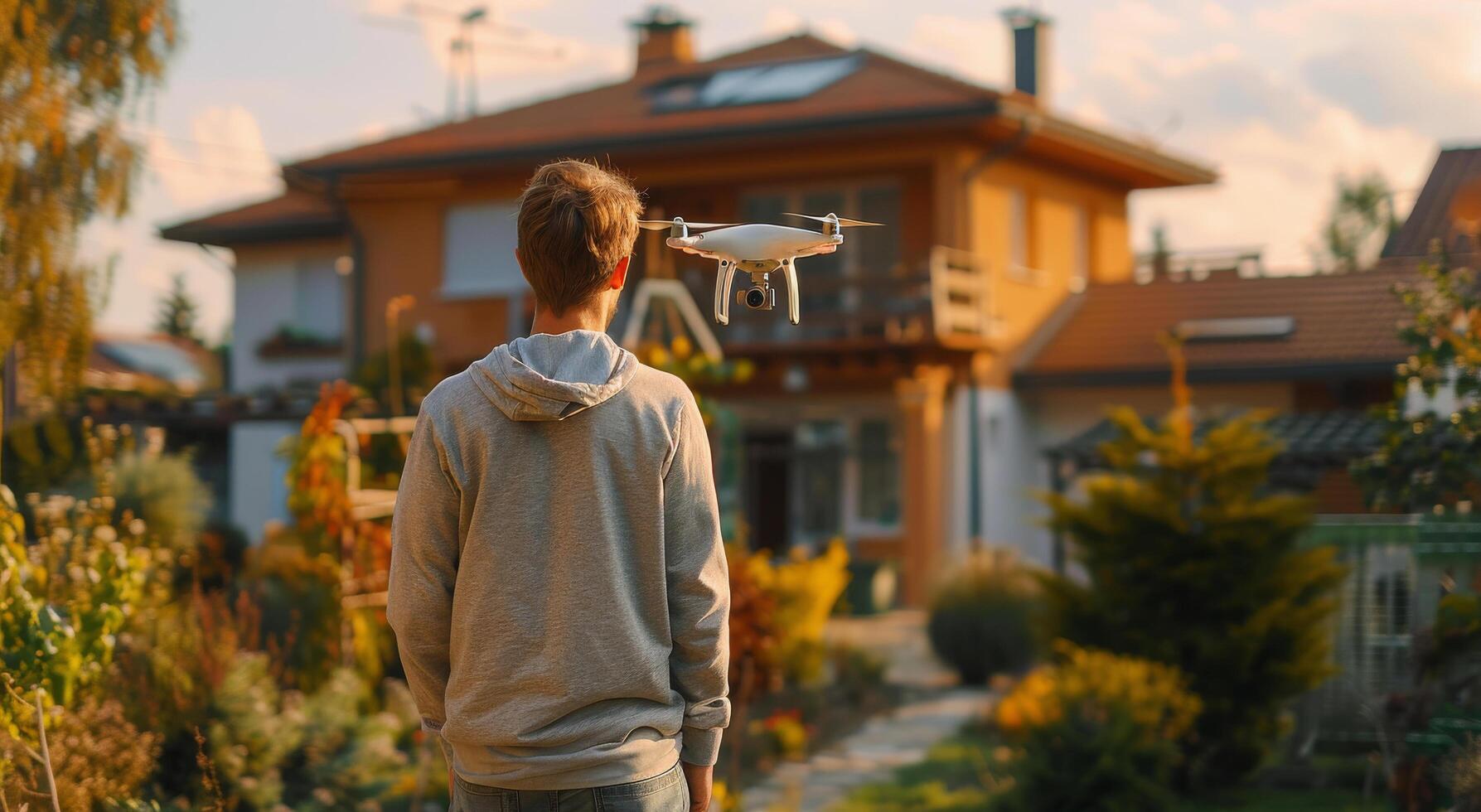 ai genererad man innehav avlägsen kontrollera i främre av hus foto