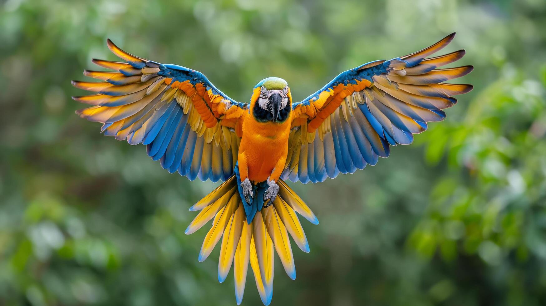 ai genererad blå och gul papegoja flygande genom de luft foto