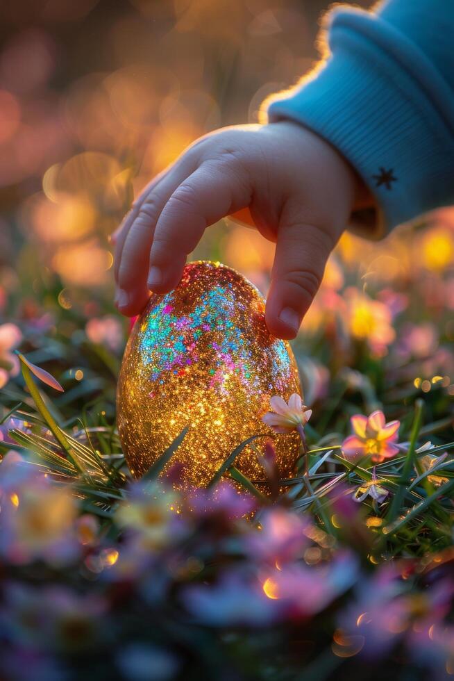 ai genererad childs hand innehav påsk ägg i fält av blommor foto