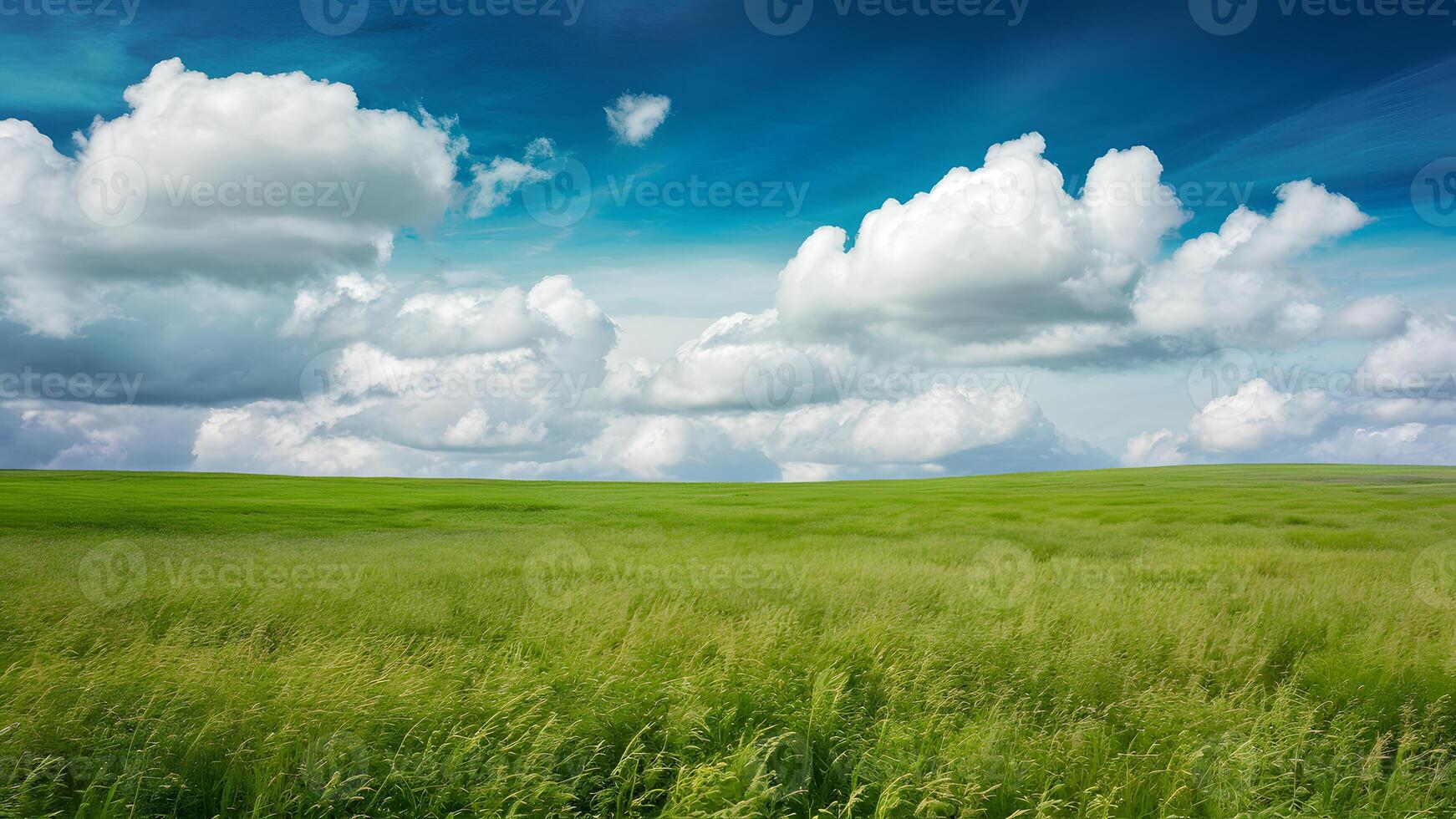 ai genererad konstnärlig sommar miljö- landskap begrepp med grön gräs och clouds foto