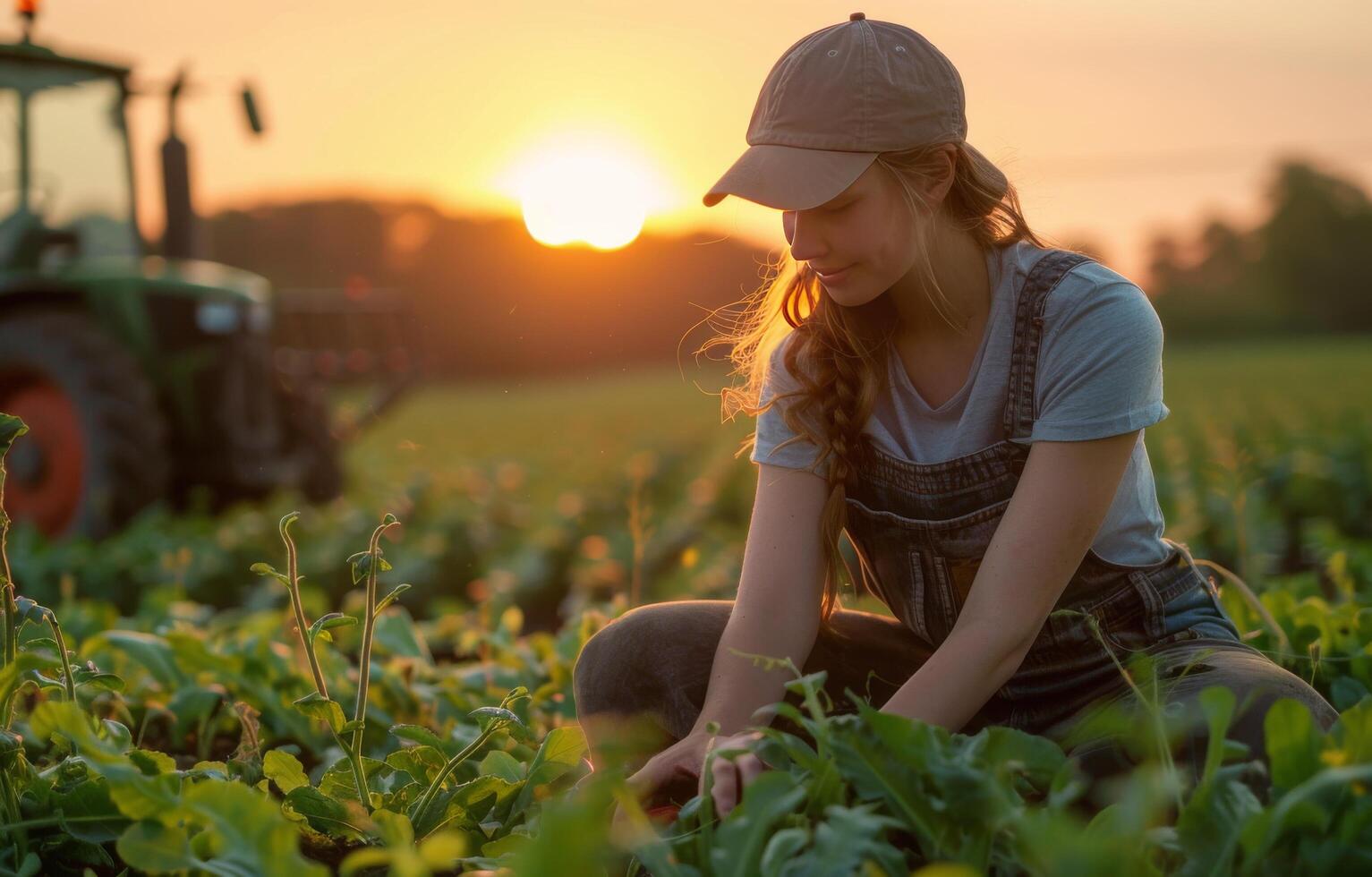 ai genererad kvinna knästående i fält med traktor i bakgrund foto