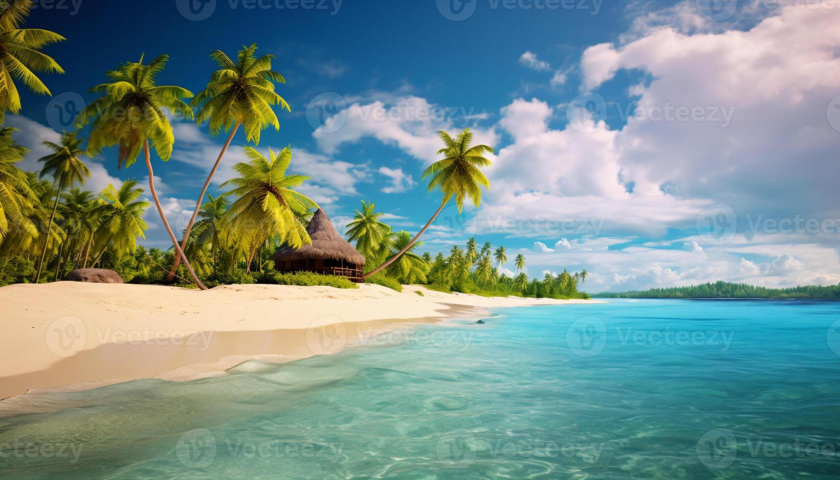 ai genererad tropisk strand, turkos hav vatten, hav Vinka, gul sand, grön palmer, Sol blå himmel, vit moln, skön havsbild, ai genererad. foto