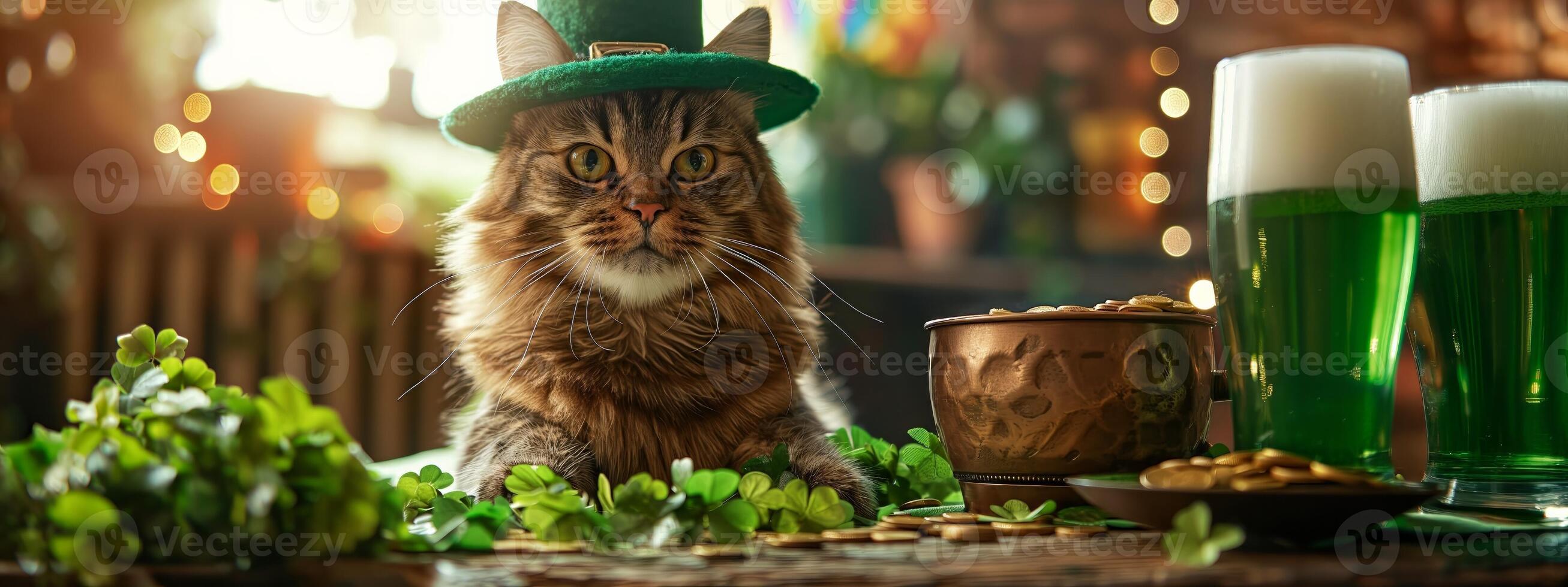 ai genererad festlig katt i st. Patricks klädsel foto