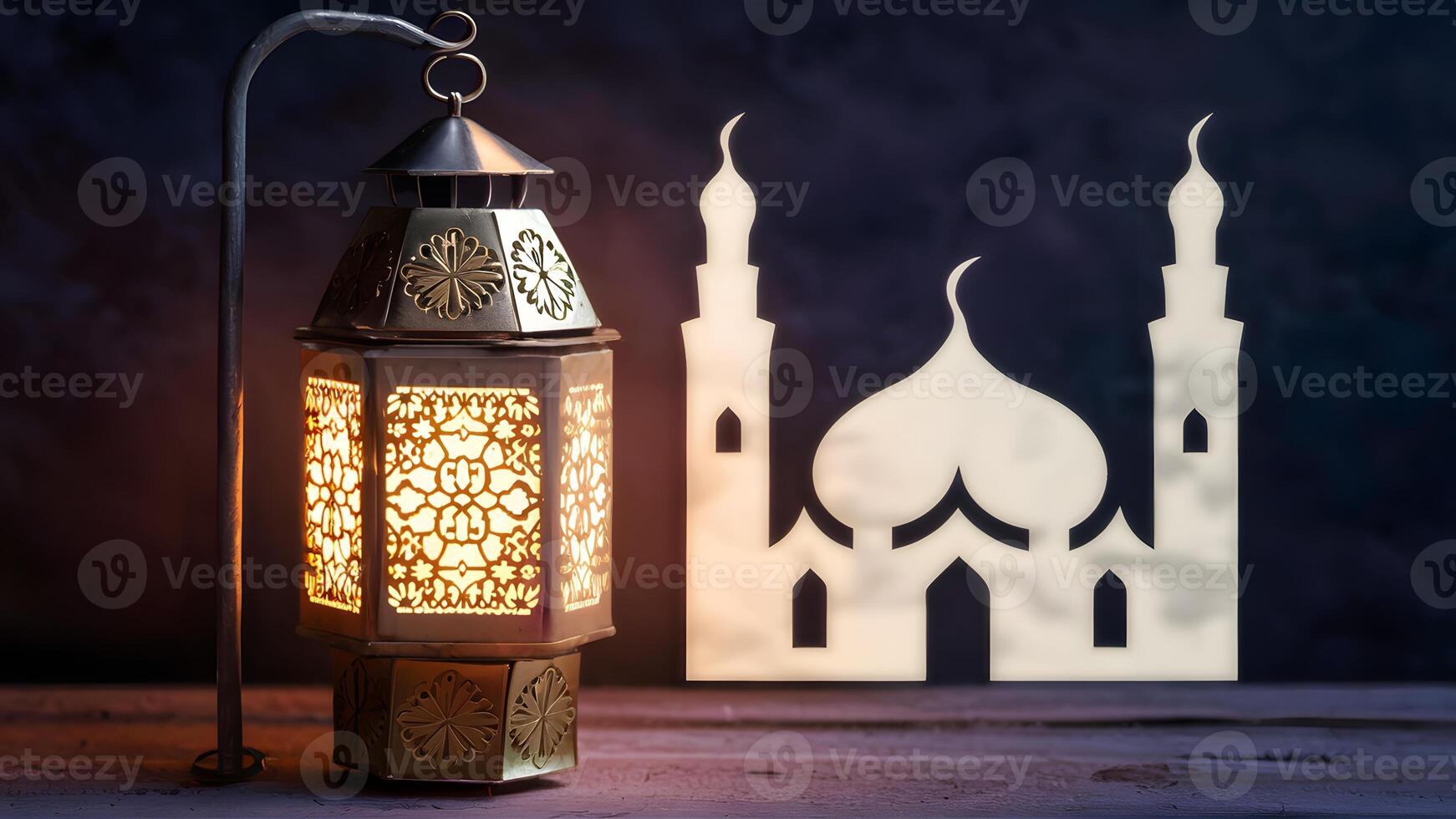 ai genererad islamic lykta lyser med moské fläck, symboliserar eid fester foto