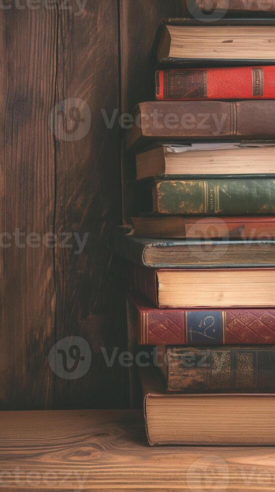 ai genererad litterär estetik gammal inbunden böcker nåd en trä- tabell vertikal mobil tapet foto