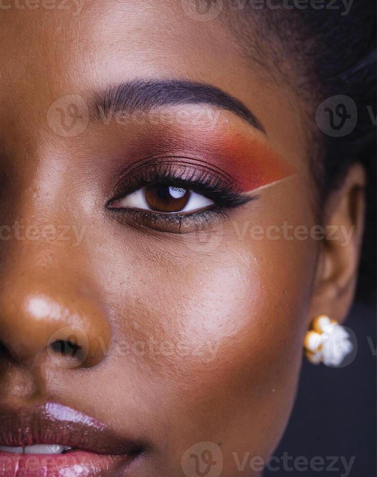 ai genererad makro fotografi av svart kvinnas ansikte med smink och brun ögon foto