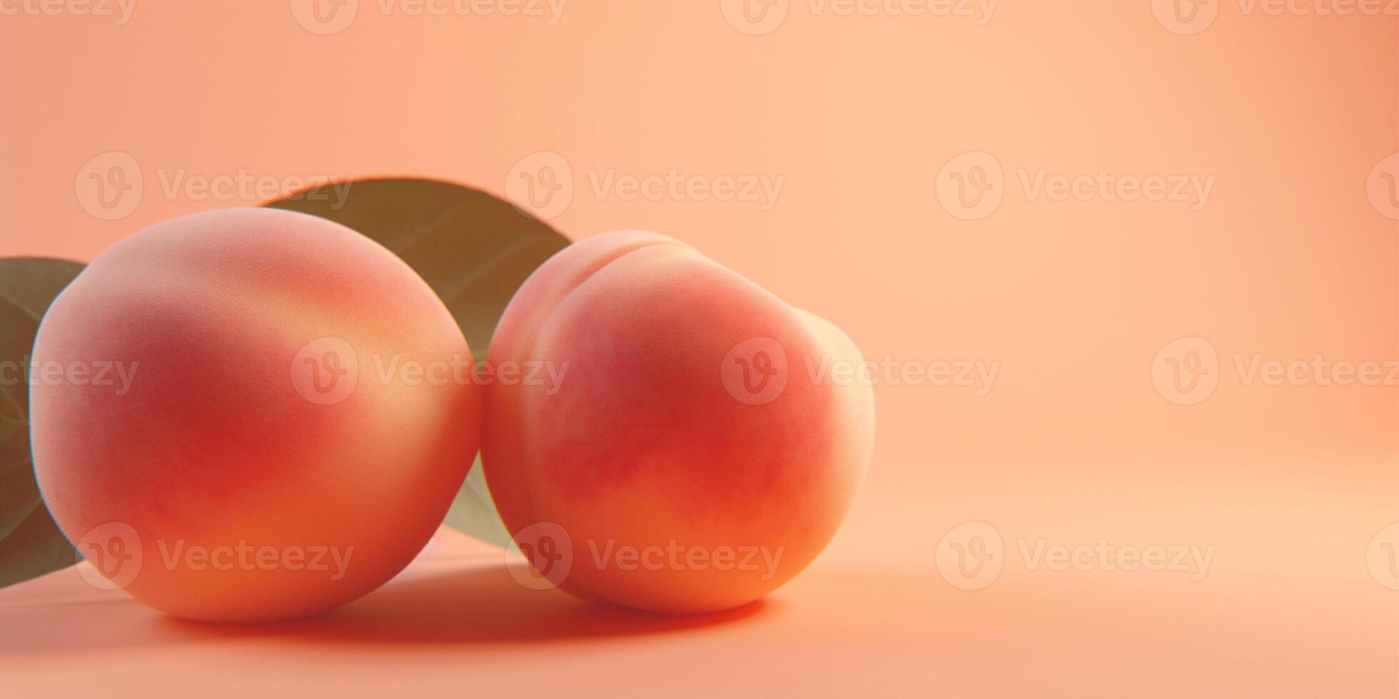 ai genererad en baner med två orange isolerat persikor med grön löv på en persika ludd Färg bakgrund. frukt kopia Plats foto