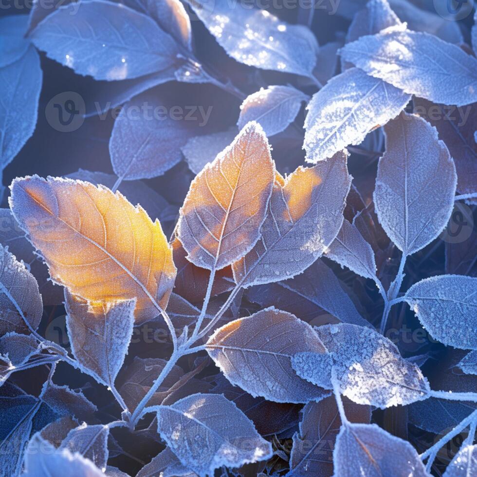 ai genererad extrem vinter- skönhet frost täckt löv i en lugn snöig miljö för social media posta storlek foto