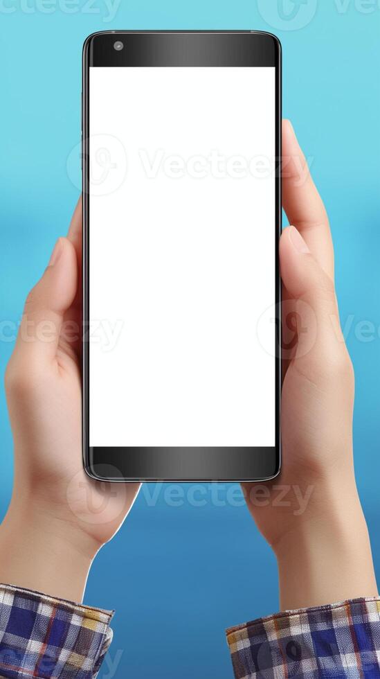 ai genererad mobil bekvämlighet manlig händer håll smartphone med tom vit skärm vertikal mobil tapet foto