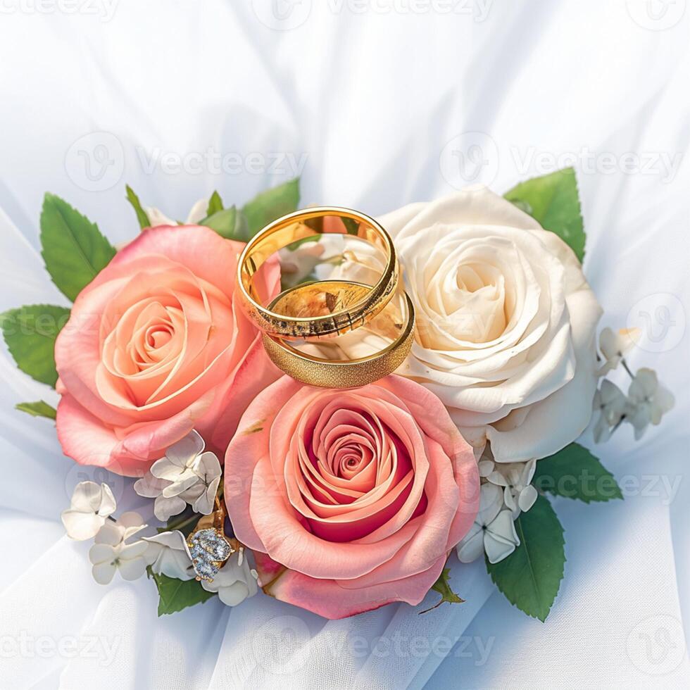 ai genererad symbolisk kärlek gyllene bröllop ringar på vit och röd ro för social media posta storlek foto