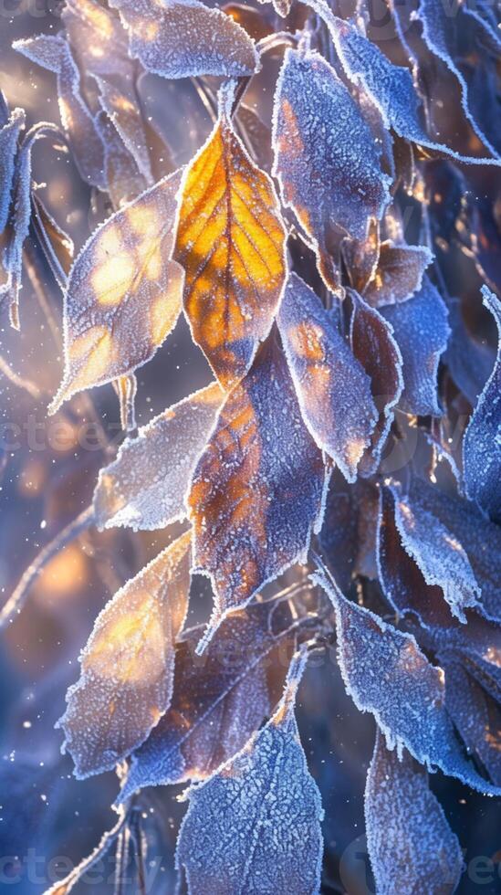 ai genererad vinter- sagoland frostig löv täckt i skinande is i snöig skog vertikal mobil tapet foto