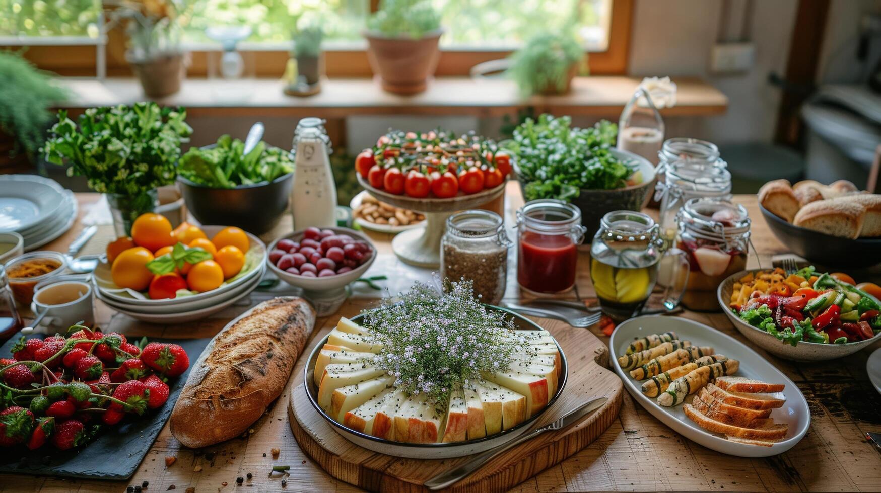 ai genererad olika spridning av mat på tabell foto