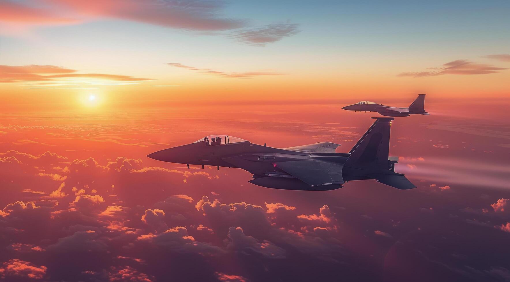 ai genererad två kämpe jets flygande i de himmel på solnedgång foto