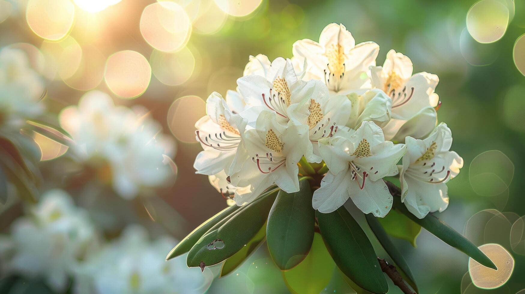 ai genererad skön ljus bakgrund av en sommar trädgård med en blommande vit rhododendron buske foto