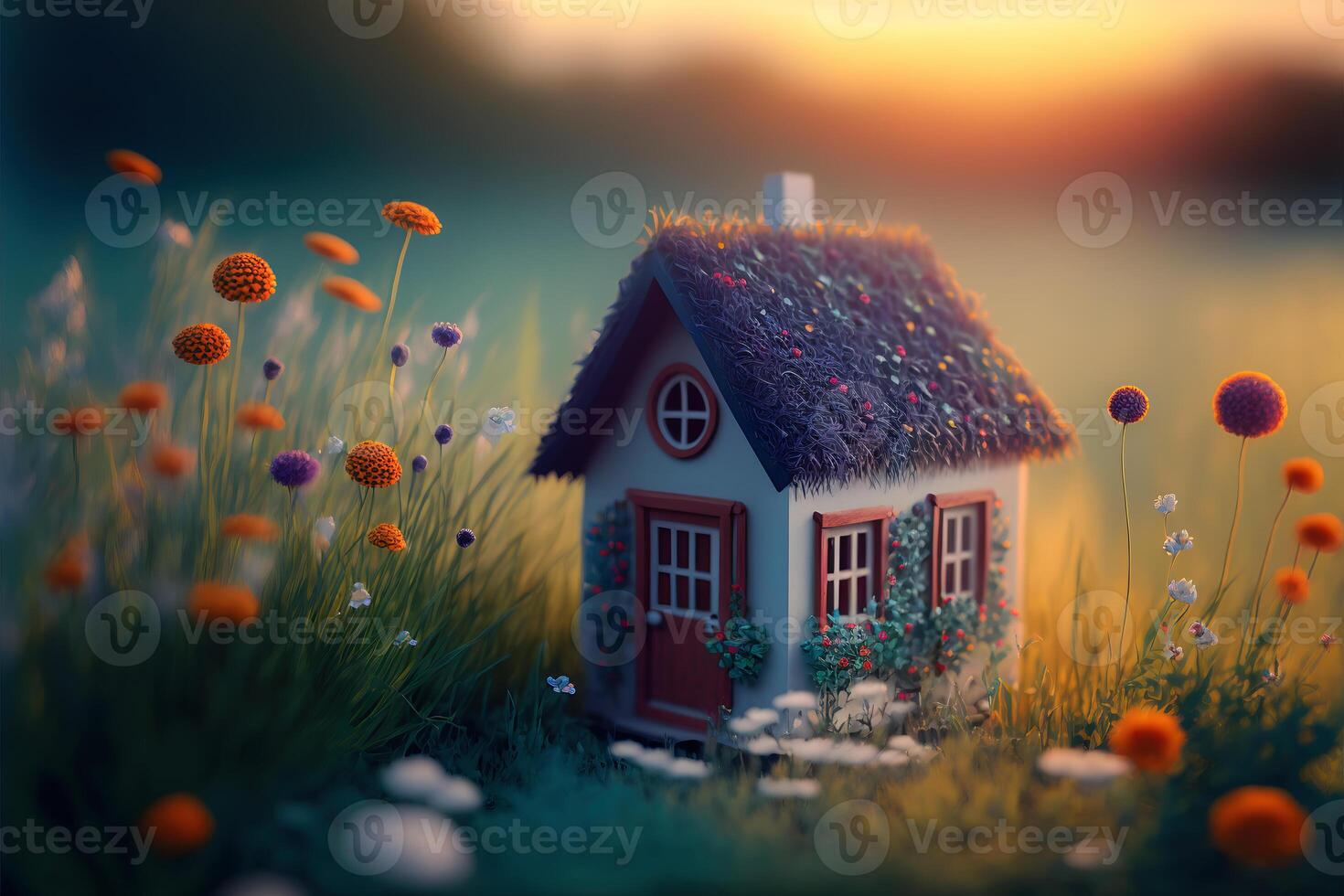 ai genererad mycket liten söt miniatyr- hus i en trädgård full av blommor. stänga upp med djup av fält foto