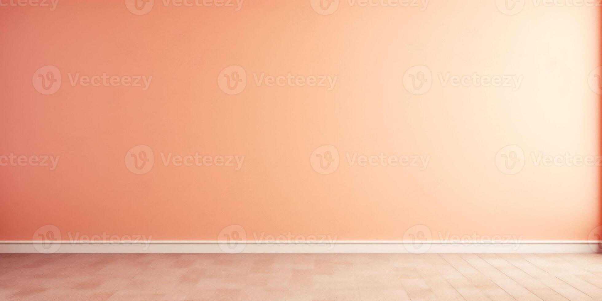 ai genererad en baner med en lutning persika ludd Färg rum vägg och en beige trä golv. kopia Plats. bakgrund för text. foto
