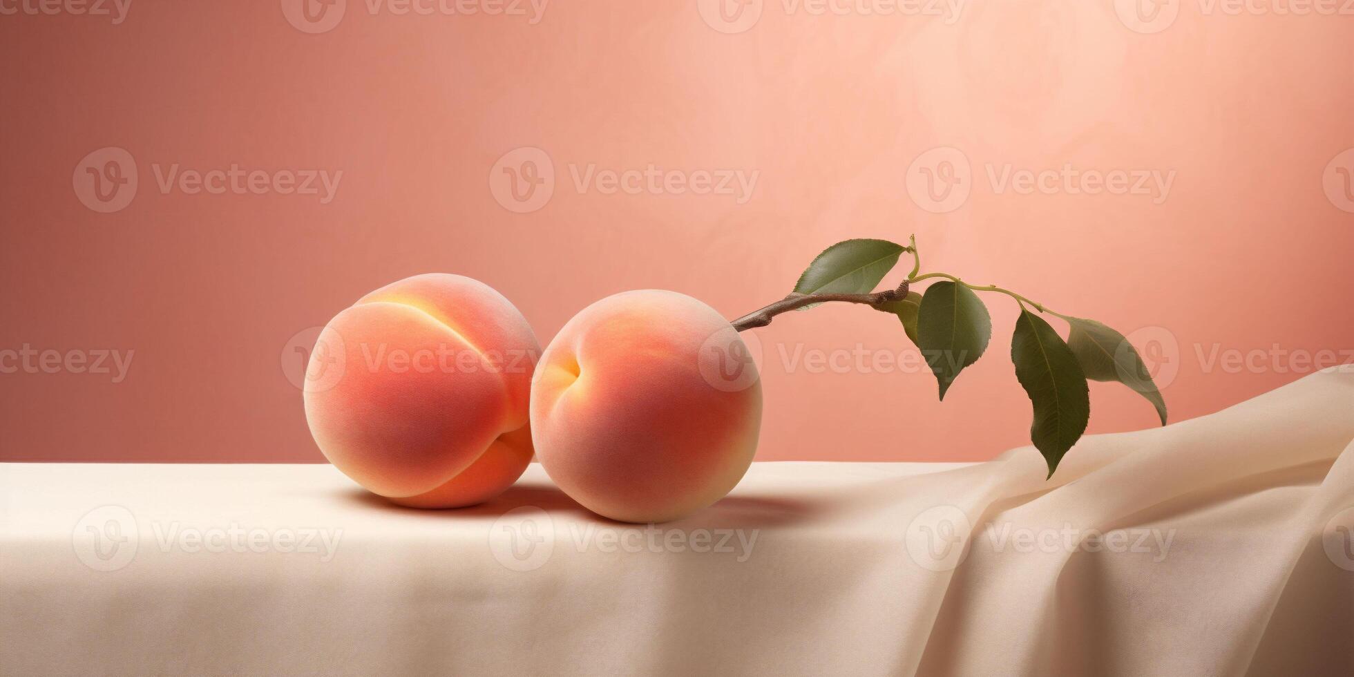 ai genererad en baner med ett ljus orange isolerat persikor med grön blad på en beige tyg yta på en persika ludd Färg bakgrund. frukt kopia Plats foto