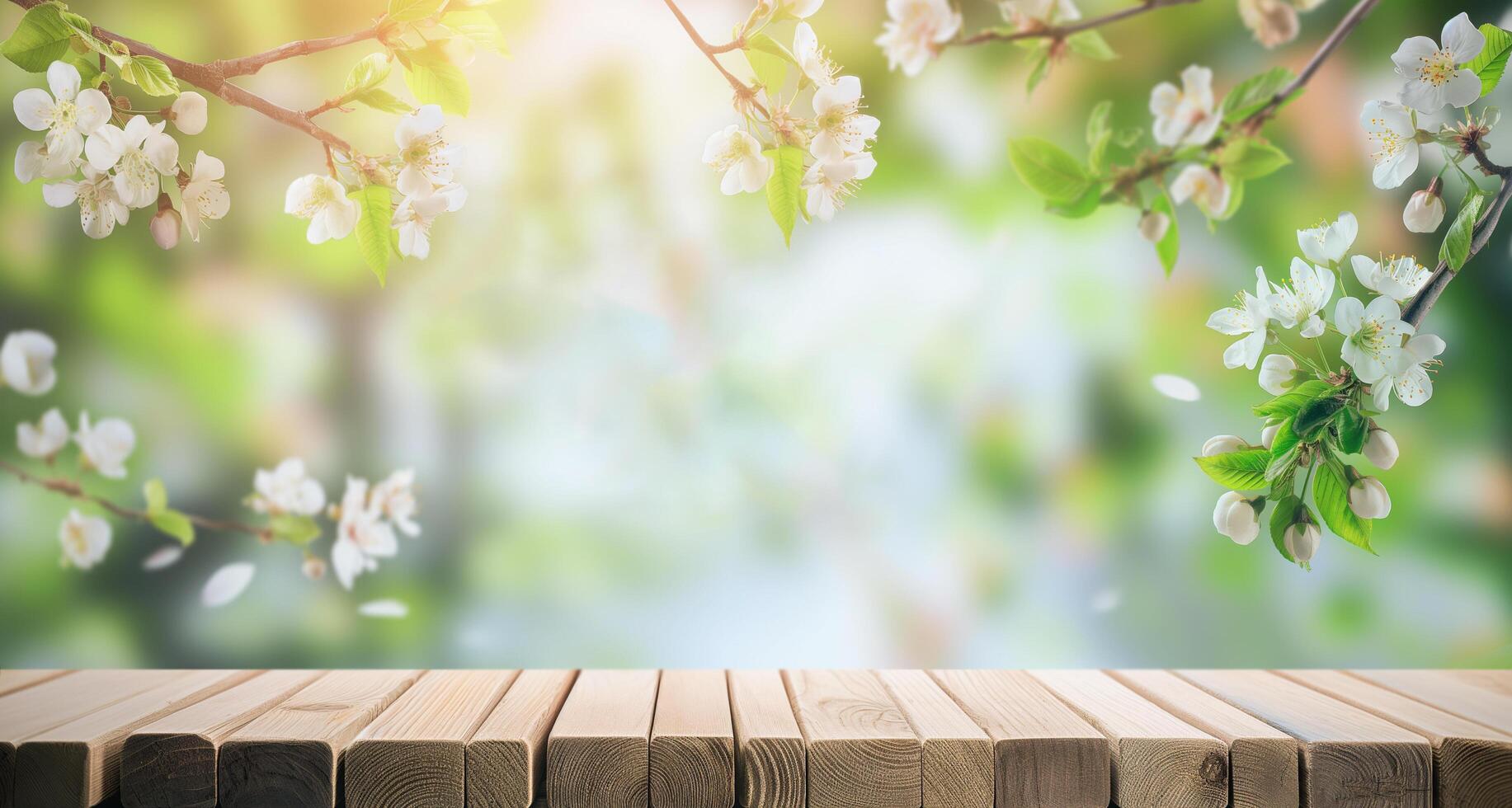 ai genererad vår bakgrund med blommande grenar och trä- bas foto