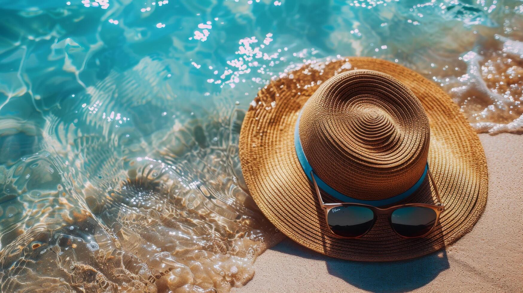 ai genererad hatt och solglasögon på strand med hav bakgrund foto