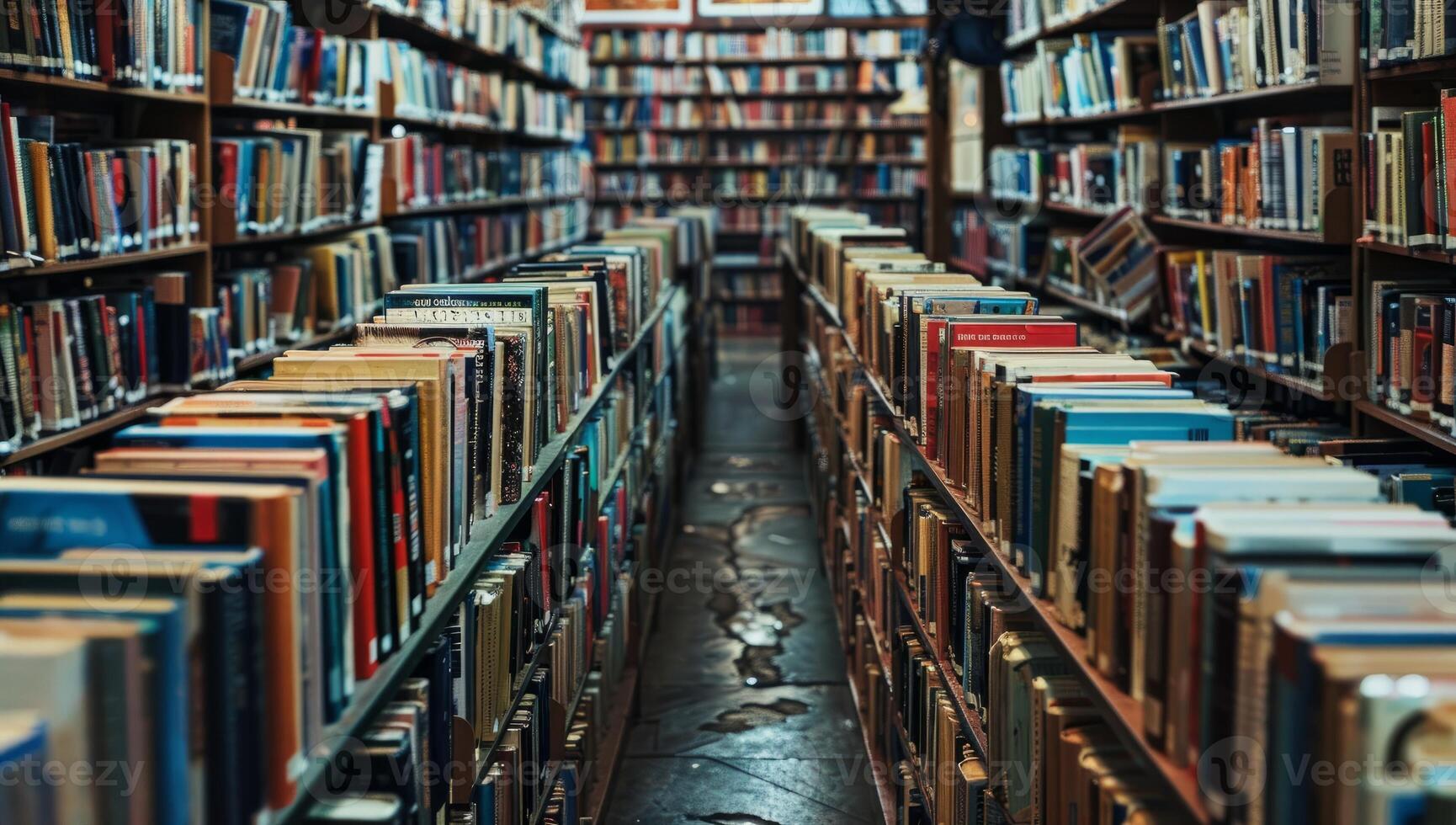 ai genererad omfattande samling av böcker i en bibliotek gång. rader av bokhyllor fylld med kunskap och litteratur. foto