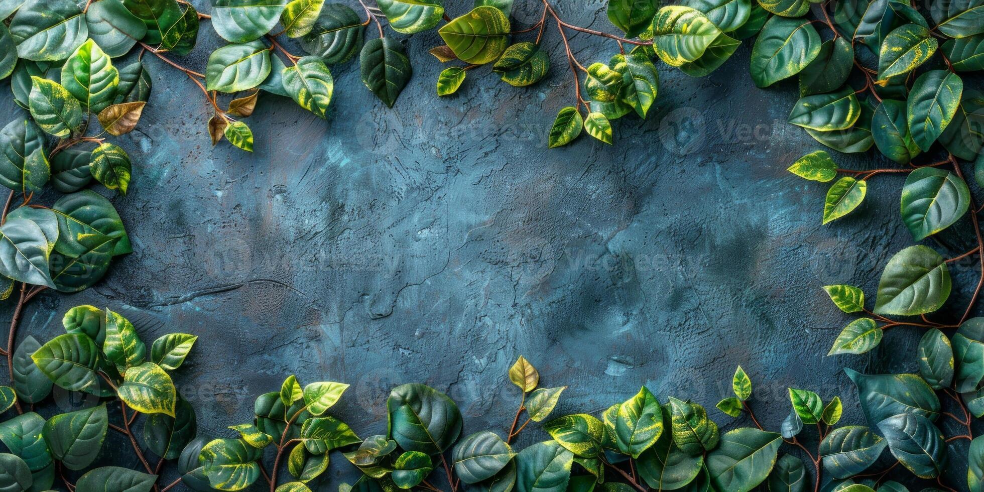 ai genererad vibrerande grön löv gräns en texturerad blå bakgrund foto