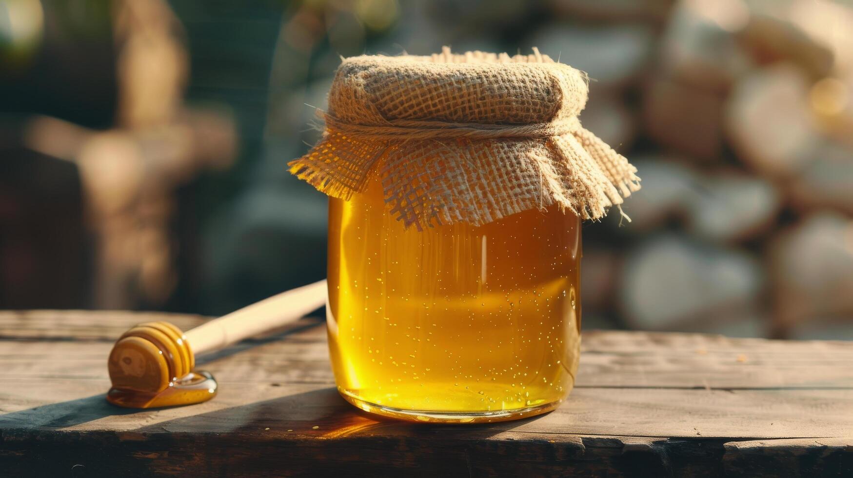 ai genererad burk av honung på trä- tabell foto